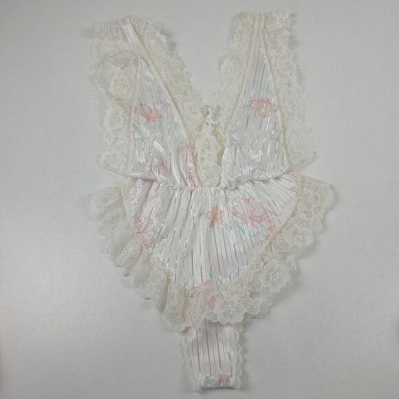 VTG Floral Satin Lace Bodysuit Womens Medium White Ruffle Pleated Lingerie - Picture 1 of 13